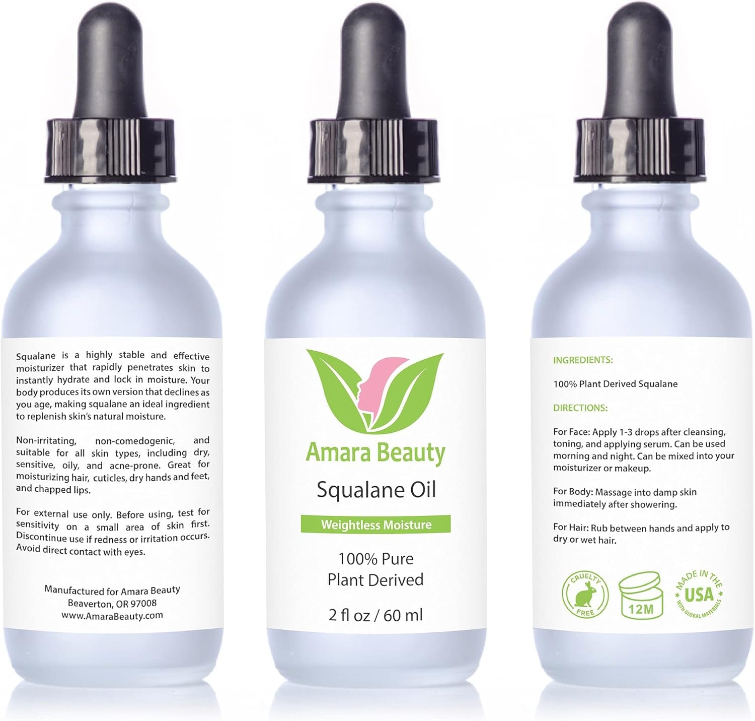 Squalane Oil Moisturizer with 100% Pure Plant Derived Squalane for Face Body Skin and Hair 2 Fl. Oz.