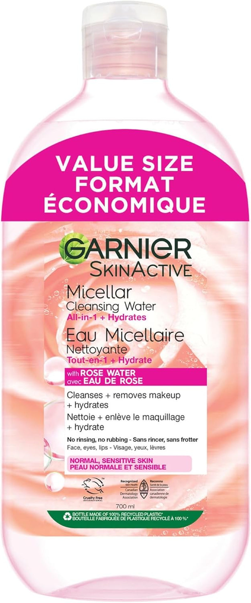 Micellar Cleansing Water, All-In-One Hydrating Makeup Remover, Face Cleanser with Rose Water & Glycerin, Hypoallergenic, Sensitive to Dry Skin, 700Ml