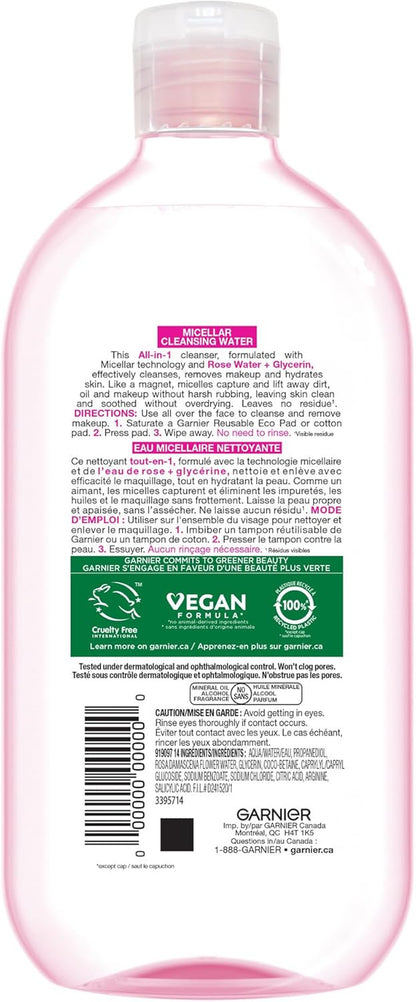 Micellar Cleansing Water, All-In-One Hydrating Makeup Remover, Face Cleanser with Rose Water & Glycerin, Hypoallergenic, Sensitive to Dry Skin, 700Ml